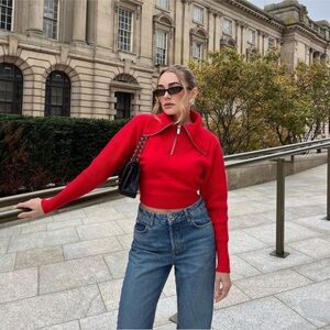 Zara Red Knit Zip Sweater Size L